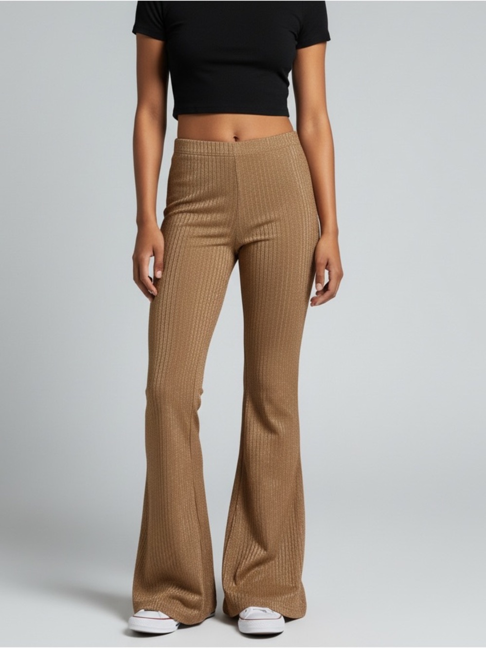 Ribbed Flare Knit Pants in Camel